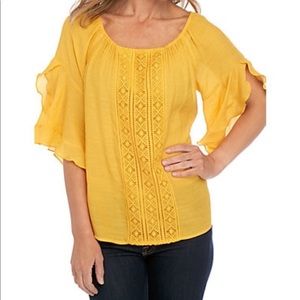 NWOT- Yellow Elbow Sleeve Ruffle Top with Crochet